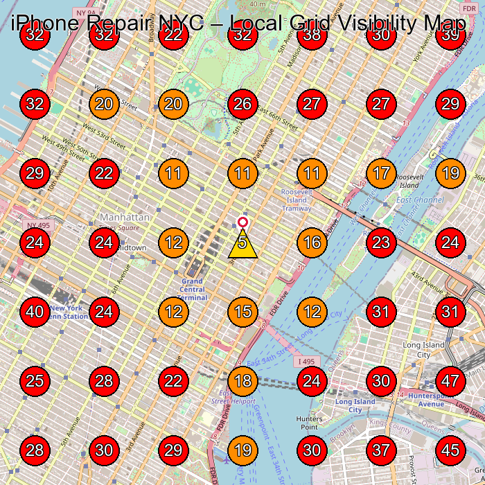 iPhone Repair NYC GeoGrid visibility map for Phone Repair Service in None